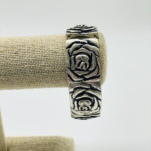 Vintage Silver Tone Rose Stretch Bracelet Wide Floral